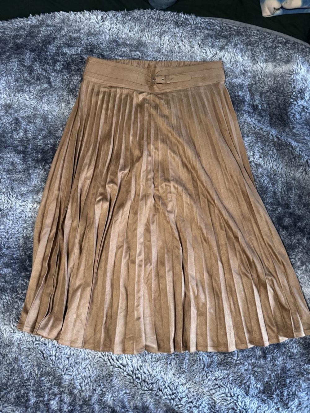 Pleated Faux-Leather Midi Skirt in Tan with Waist Buckle